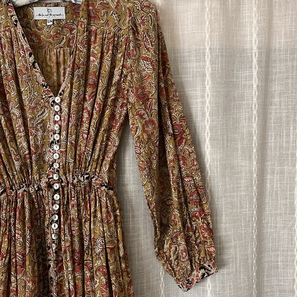 Boho The Fox and the Mermaid Indian block print cotton dress. Mid calf. S/M